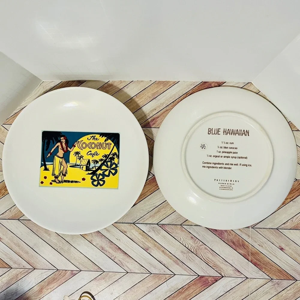 Pottery Barn Aloha Girls Plates Set 2 Hula Tiki Cocktail Recipe Vintage Retro